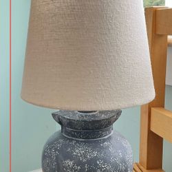 Small Gray & White Textured Clay Lamp with Cream Shade