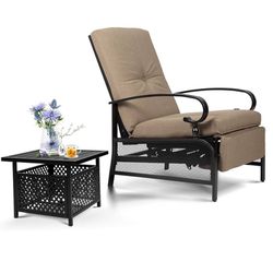 Adjustable Outdoor Lounge Chair Metal Patio Relaxing Recliner Chair Set with Bistro Table and Removable Cushions