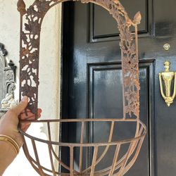 Vintage wrought iron rustic Rusty wall hanging planter plant holder shelf Antique Weathered antique French garden landscape decor, flower plant t herb