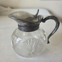 Antique Gorgeous Cut Crystal Syrup Pitcher with Silver-Plated Lid and Handle - 3 inches