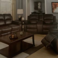 Brown Leather Fully Reclining Couch Set With Cup Holders