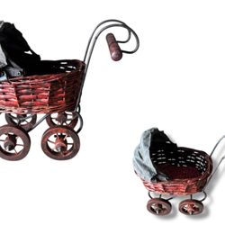  miniature, Victorian-style wicker baby doll carriages