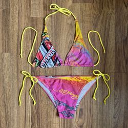 ED HARDY Vintage Y2K Rare Pink Yellow Dishonor Edgy String Triangle Bikini Set