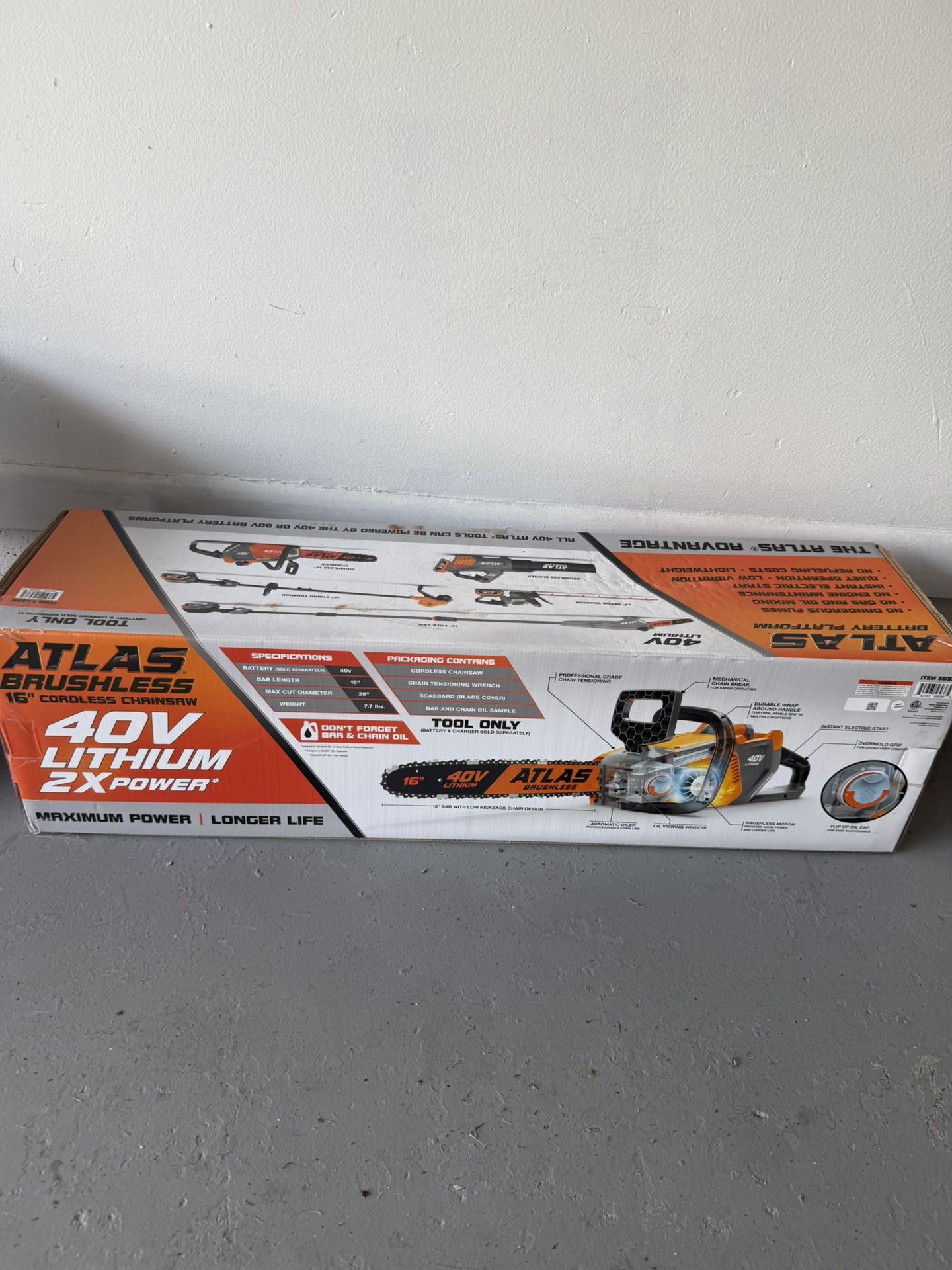 NEW Atlas Brushless 16” Cordless Chainsaw 40V Lithium 2X Power