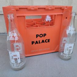 Vintage Pop Palace Plastic Crate & 4 Glass 32 oz Bottles