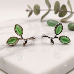 Silver Tone Green Branch Stud Earrings - Nature Leaf Design with Green Cat's Eye Glass Stones