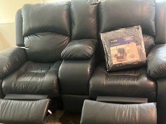 Blue Genuine Leather Recliner Sofa/Couch with Sure Fit Plush Comfort Non-Slip Furniture Cover