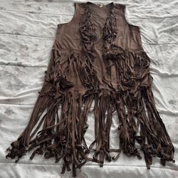 Penelope Women’s Brown Vegan Suede Fringe Tassels Open Front Vest Cardigan, size L 