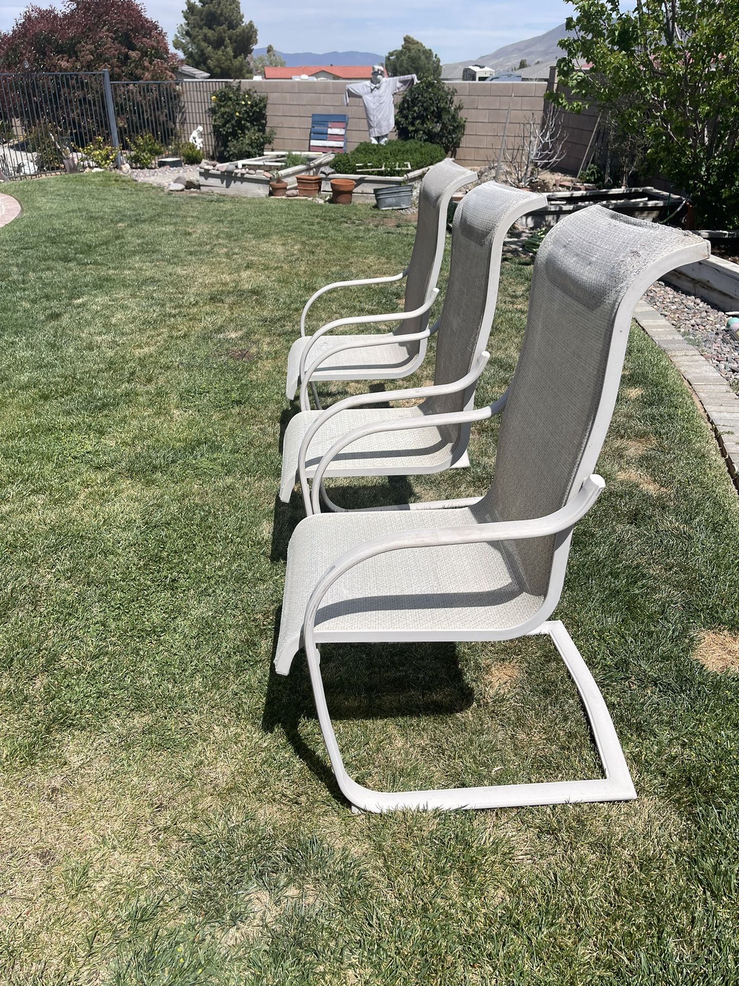 3 Comfy Patio- Pool Chairs. Beige Cloth Seats. Gently used 