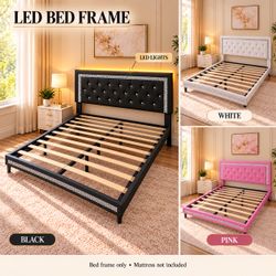 Bed Frame, Diamond Tufted Headboard with LED Lights, White /Black