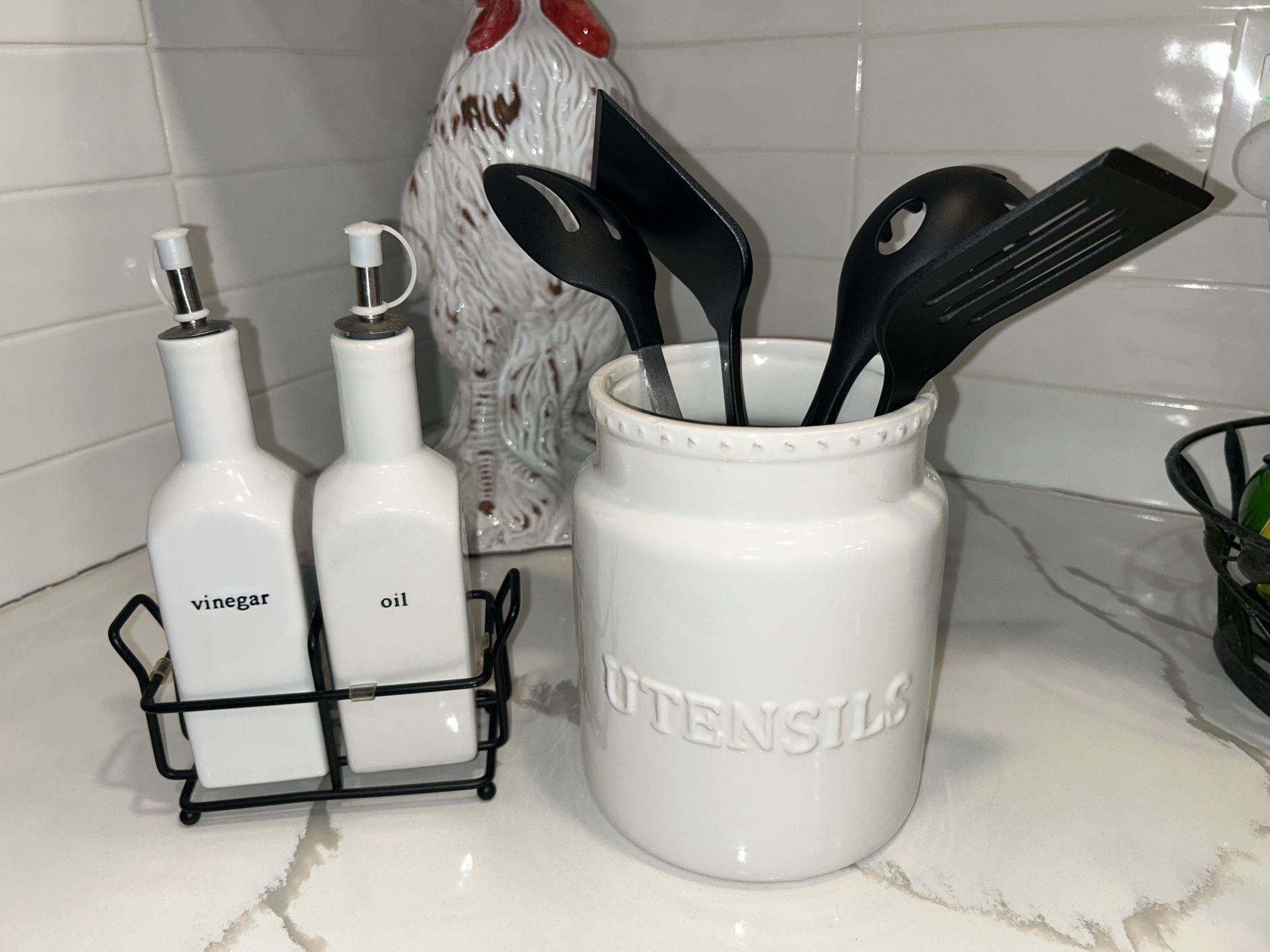 White Ceramic Kitchen Canisters & Oil/Vinegar Set – Modern Farmhouse Style