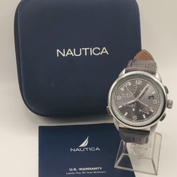 Nautica Mens NAD19507G NWT World Time Grey leather watch