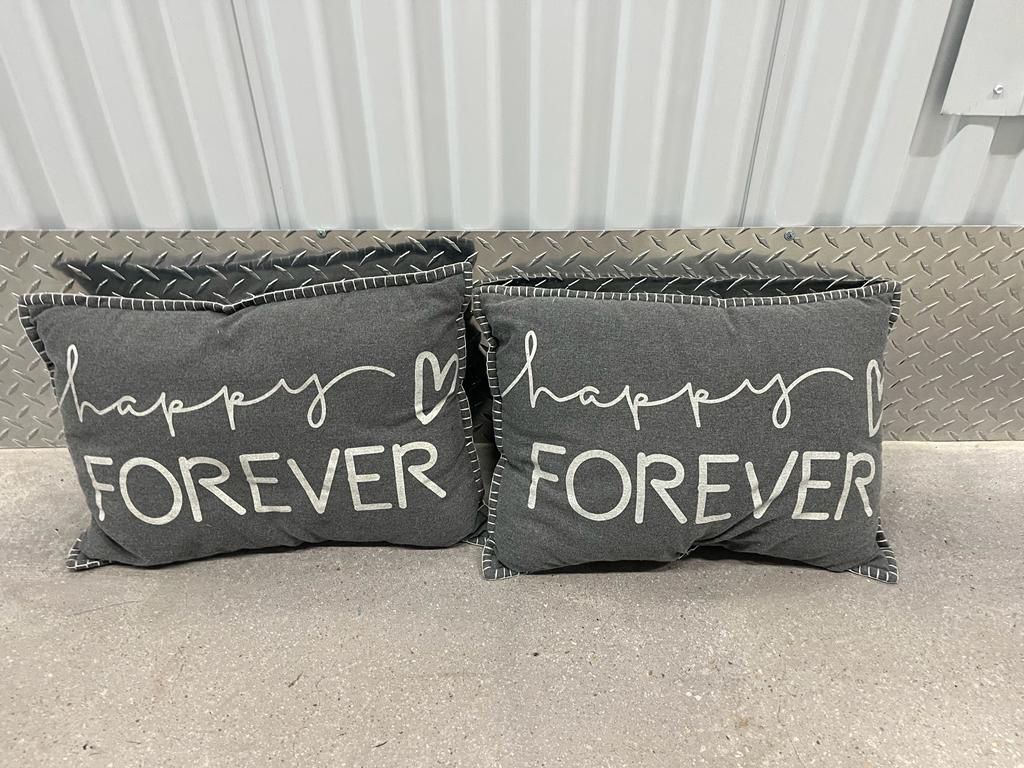 Two, “Happy Forever” Pillows. Gray and white. So cute