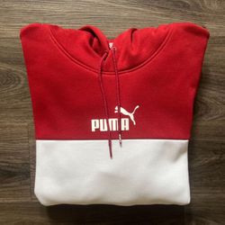 PUMA MEN’S ESSENTIALS+ COLORBLOCK PULLOVER HOODIE RED SIZE L