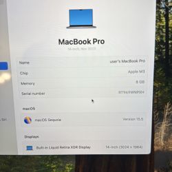 2023 MacBook Pro 14in, 8gb Ram, 512gb Hard drive 