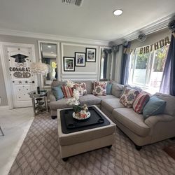 Green grey Custom-made Sectional Sofa Couch, ottoman and pillows. Always covered.