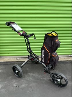 Golf push cart with bag BagBoy mini GT push cart with Cobra Ultralight Pro Cart bag 14 way