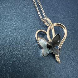 Dreamboat Silver Blue Crystal Butterfly Heart Necklace 