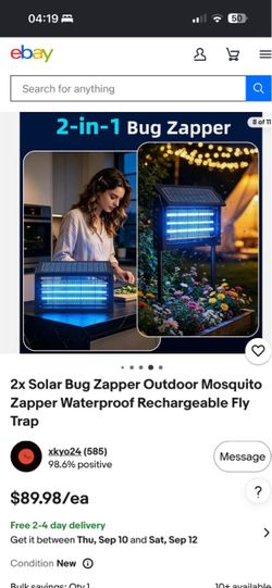 Solar-powered 2-in-1 bug zapper with 3 UV lights grid, waterproof design, and rechargeable build. Suitable for indoor and outdoor use. we do wholesale