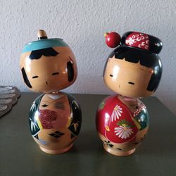 60's Era Kokeshi Bobblehead Souvenier Pair 8"