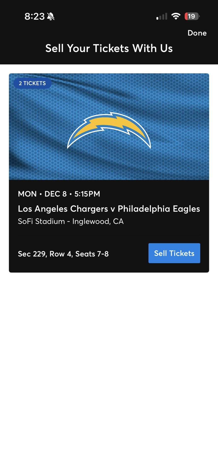 LA Chargers vs. Philadelphia Eagles Tickets (2 Tickets) Section 229
