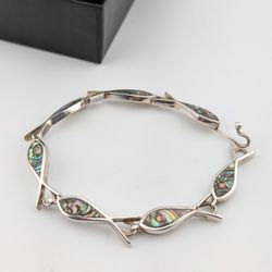 7.5" Vintage 925 Silver Abalone Fish Link Bracelet