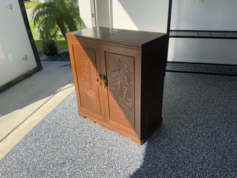 Vintage Japanese hand carved wooden bar cabinet