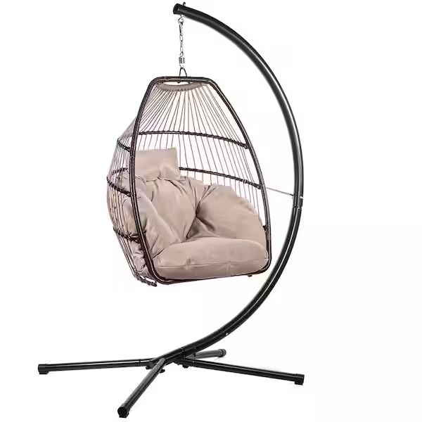 Powder Coated Steel Frame Black Wicker Egg Shaped Patio Swing Chair Seat Beige Cushion Outdoor Indoor