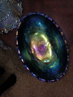 vintage Indiana Glass Harvest Grape carnival glass footed oval fruit bowl in iridescent blue