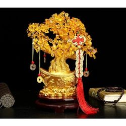 Feng Shui Money Tree Crystal Yellow Quartz Lucky Tree Golden Ingot Bottom with Rotating Sandalwood Base Chinese Copper Coin String Decoration for Weal