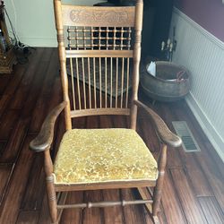 Antique Carved Wood Rocking Chair With Golden Fabric Cushion 