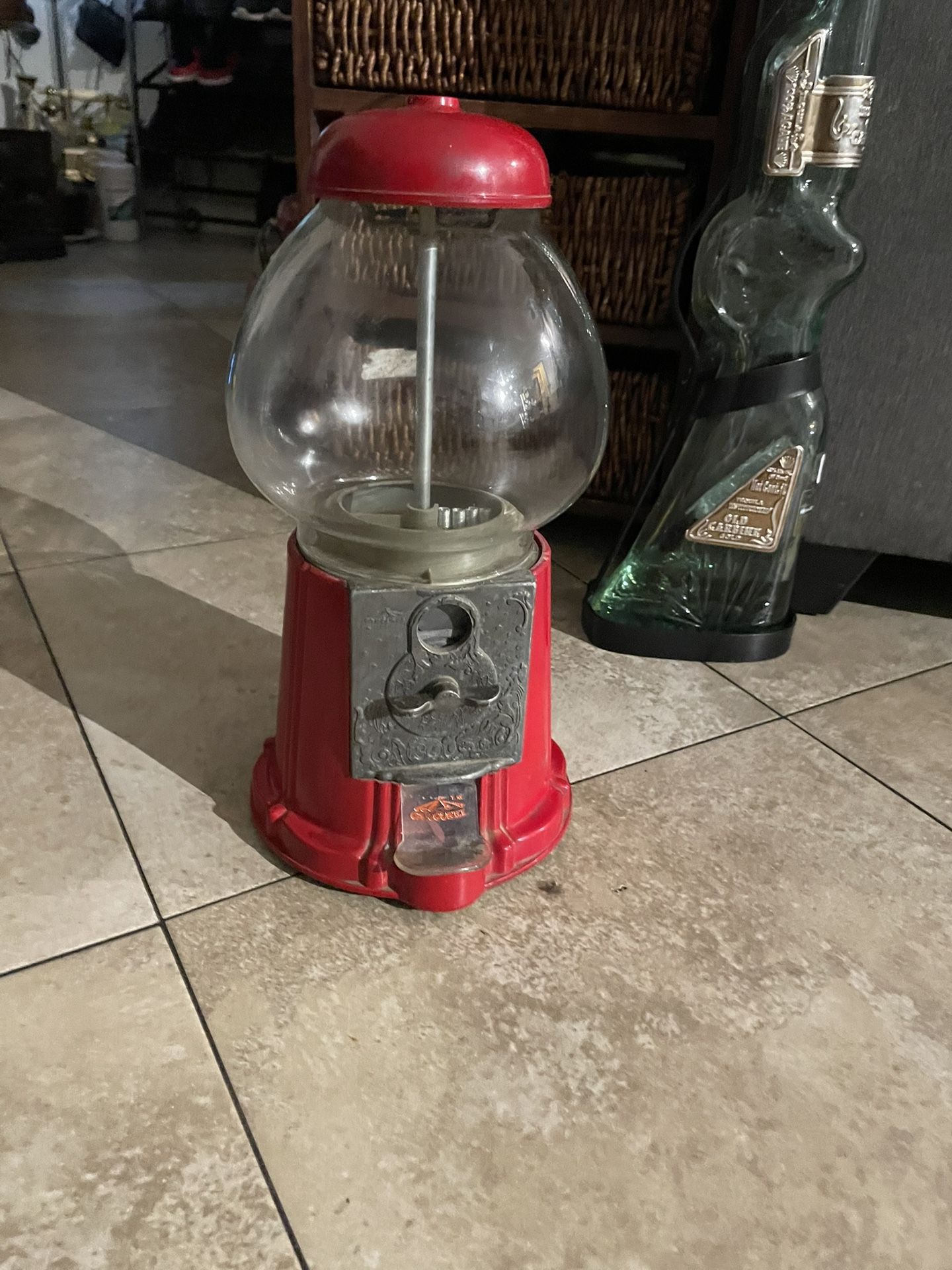 Vintage 1985 Red Gumball Machine Cast Metal Glass Globe