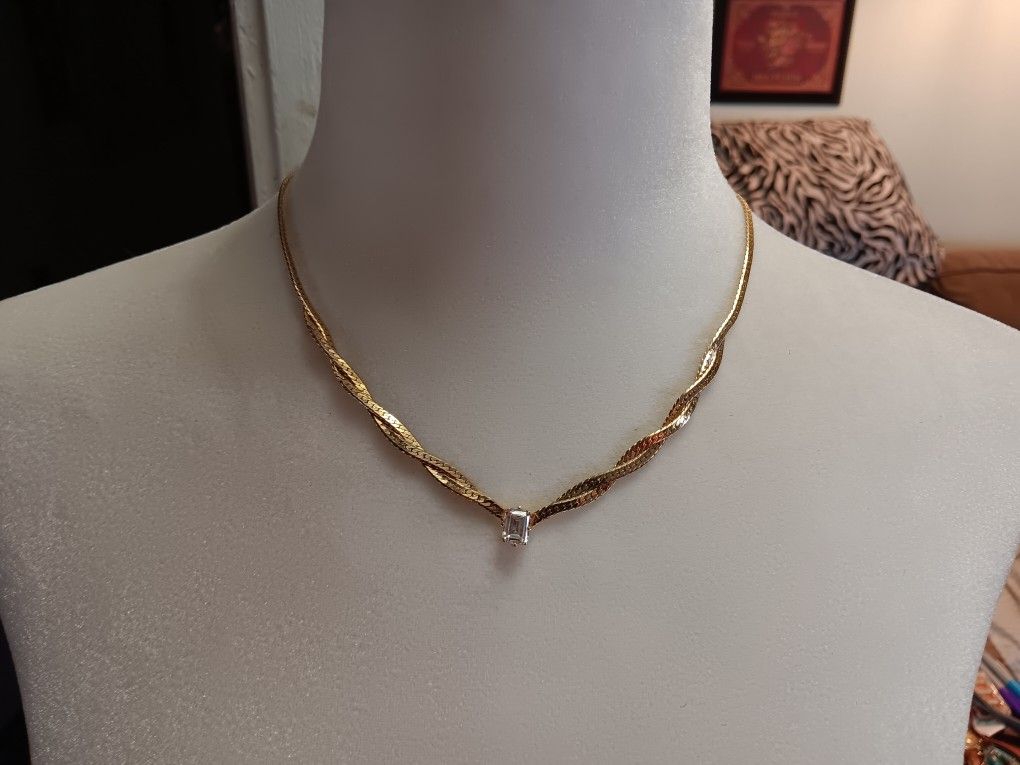 Women's Gold Tone Flat Woven Chain Necklace w/ Rhinestone