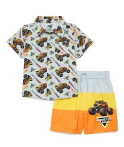 NWT boys monster Jam swimming trunks with matching resort button up size 3t