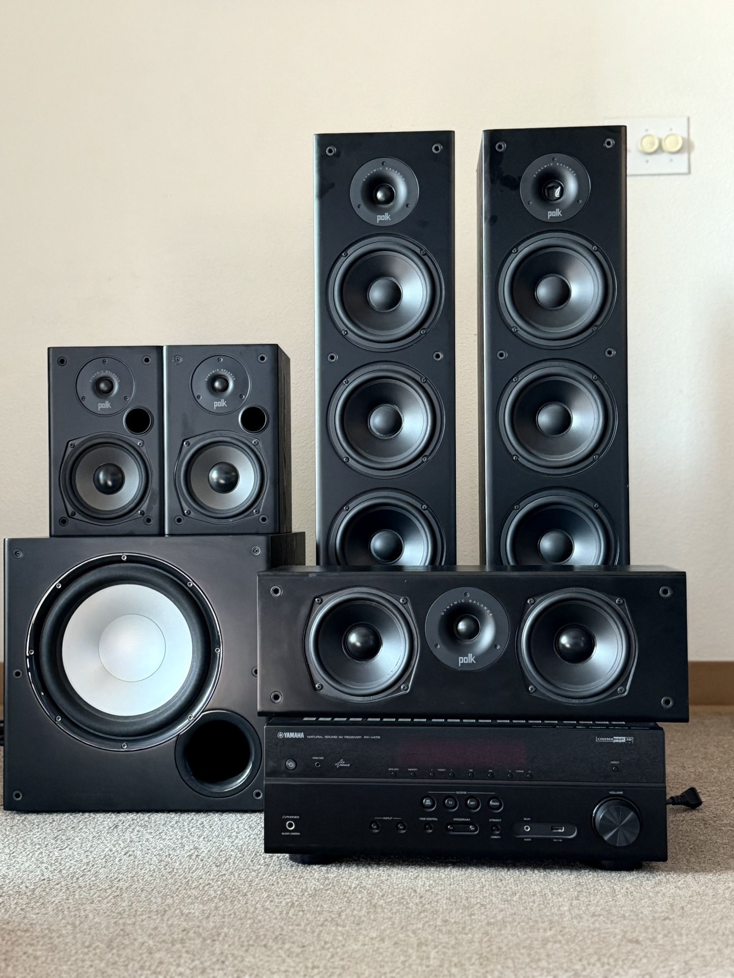 Home Theater, Yamaha RX-V479, Polk Audio Speakers and Subwoofer