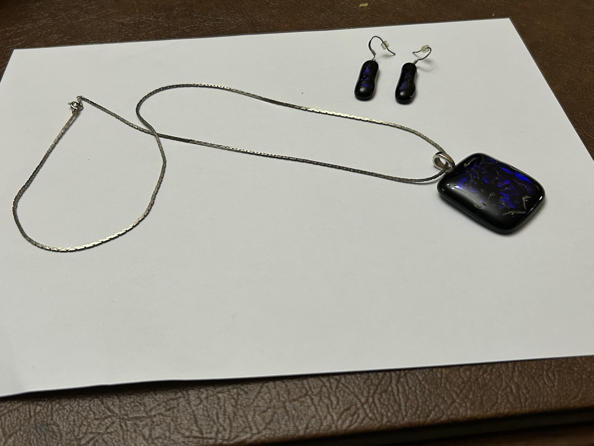 Blue Glass Pendant, Necklace, And Earrings
