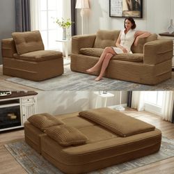 Convertible Sectional Folding Sofa Bed, 80" Futon Floor Couch with Accent Chaise Modular Sleeper Loveseat Boneless Cloud Corduroy Couches for Living R