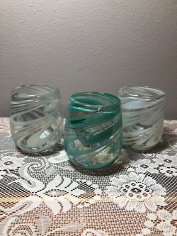 Set of 3 Hand-Blown Swirl Glass Tumblers Glass Mexican 1 Blue and 2 White Hand Blown Stemless 4” 16 oz Set Of 3