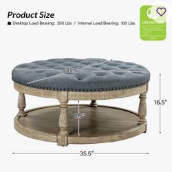 Round Tufted Upholstered Coffee Table Ottoman w/ Solid Wood Base & Storage Shelf – 35.5”