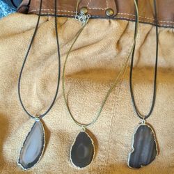 3 Agate Stone Pendants Comes With Colored Rope Necklaces 