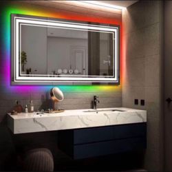 MOSILA 48X24 inch RGB LED Bathroom Mirror Color Changing Backlit + 3 Front Lighting Mirror Anti-Fog Smart Touch Mirror