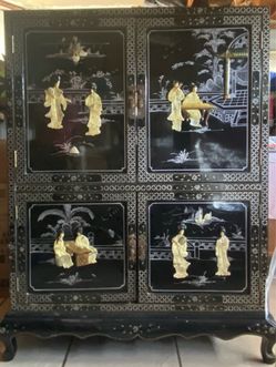 Black Lacquer Mother of Pearl Chinese Cabinet