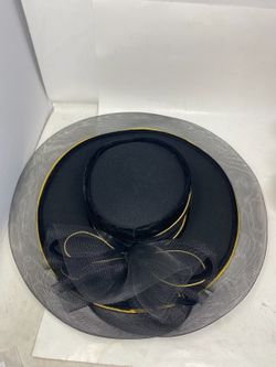 Deborah New York Vintage Black Wool Felt Church Hat Velvet Gold Crinoline Derby