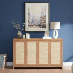 Hampstead Rattan 4-Door Storage Sideboard Cabinets with Adjustable Shelves, Boho Accent Buffet Cupboard Console for Kitchen, Living Room, and Hallway
