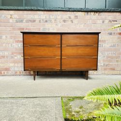 Mid Century Modern Walnut 6 Drawer Lowboy Dresser With Mirror Vintage 