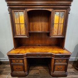 Large Executive Computer Desk & Hutch – Burl Wood Inlays & Leaded Glass