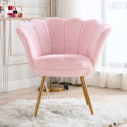 Living Room Chair, Faux Fur Mid Century Modern Retro Leisure Accent Chair with Golden Metal Legs, Vanity Chair for Bedroom Dresser, Upholstered Guest 