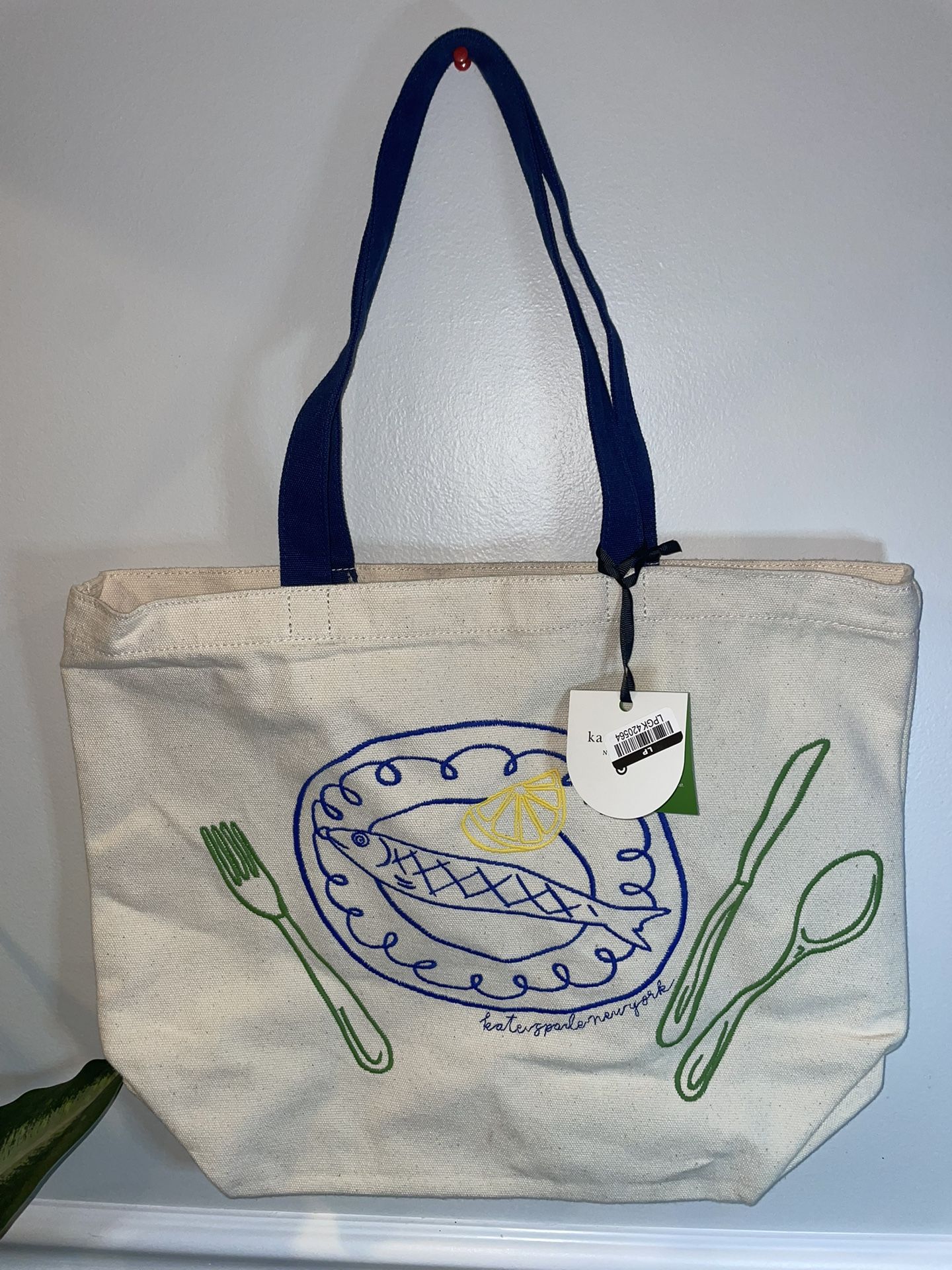 NWT Kate Spade New York Target Fish Embroidered Canvas Tote Bag Handbag Natural