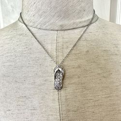 Silver Tone Flip Flop Rhinestone Pendant Necklace 