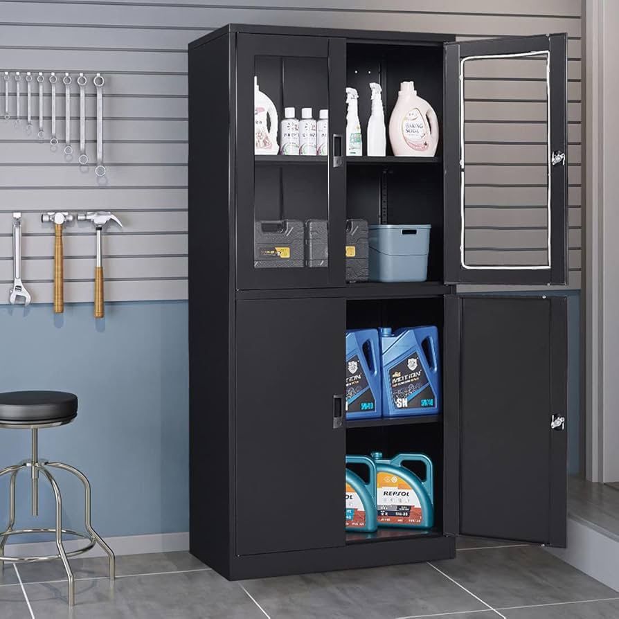 Black Metal Storage Cabinet with Glass Doors, 71" Locking Glass Door Cabinet with 2 Adjustable Shelves, Steel Storage Cabinet with 4 Doors 
